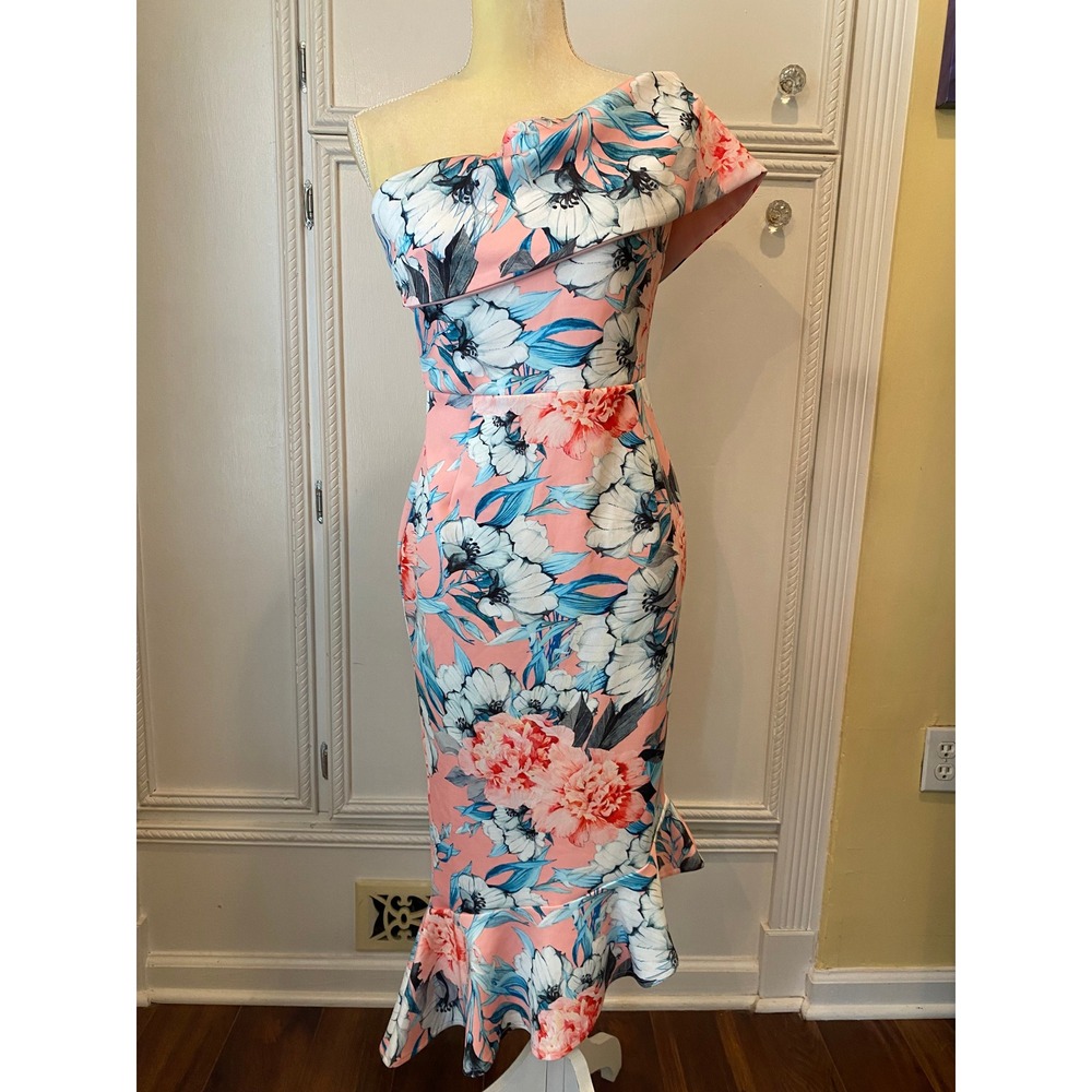 ASOS Floral One Shoulder Ruffle Mermaid Midi Dress Pink Blue White US 8